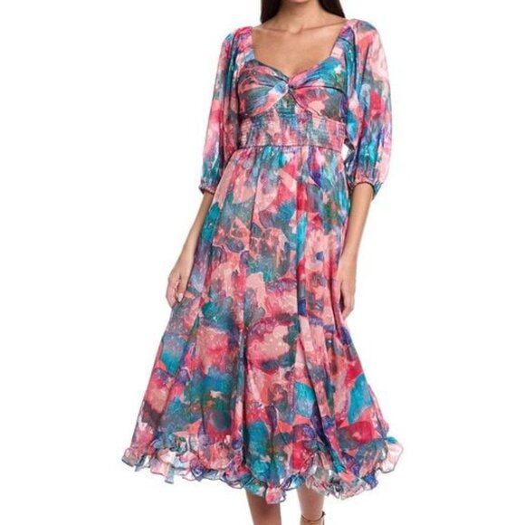 Hutch Women's Gardenia Midi Dress in Peach Abstract Floral Burnout, NWT, XS-M - Picture 2 of 4